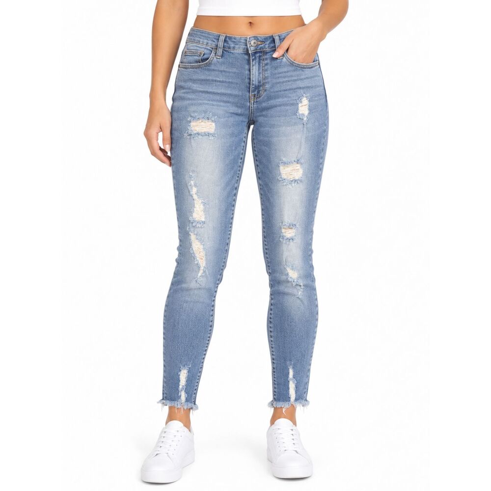 Cello Women’s Light Wash Distressed Raw Hem Skinny Jeans | Size 11/30